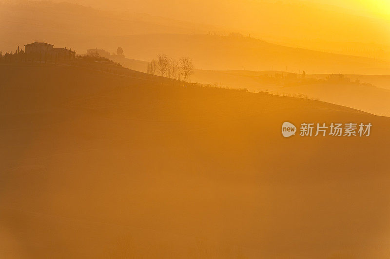 傍晚阳光下的托斯卡纳风景，Val D'orcia，意大利